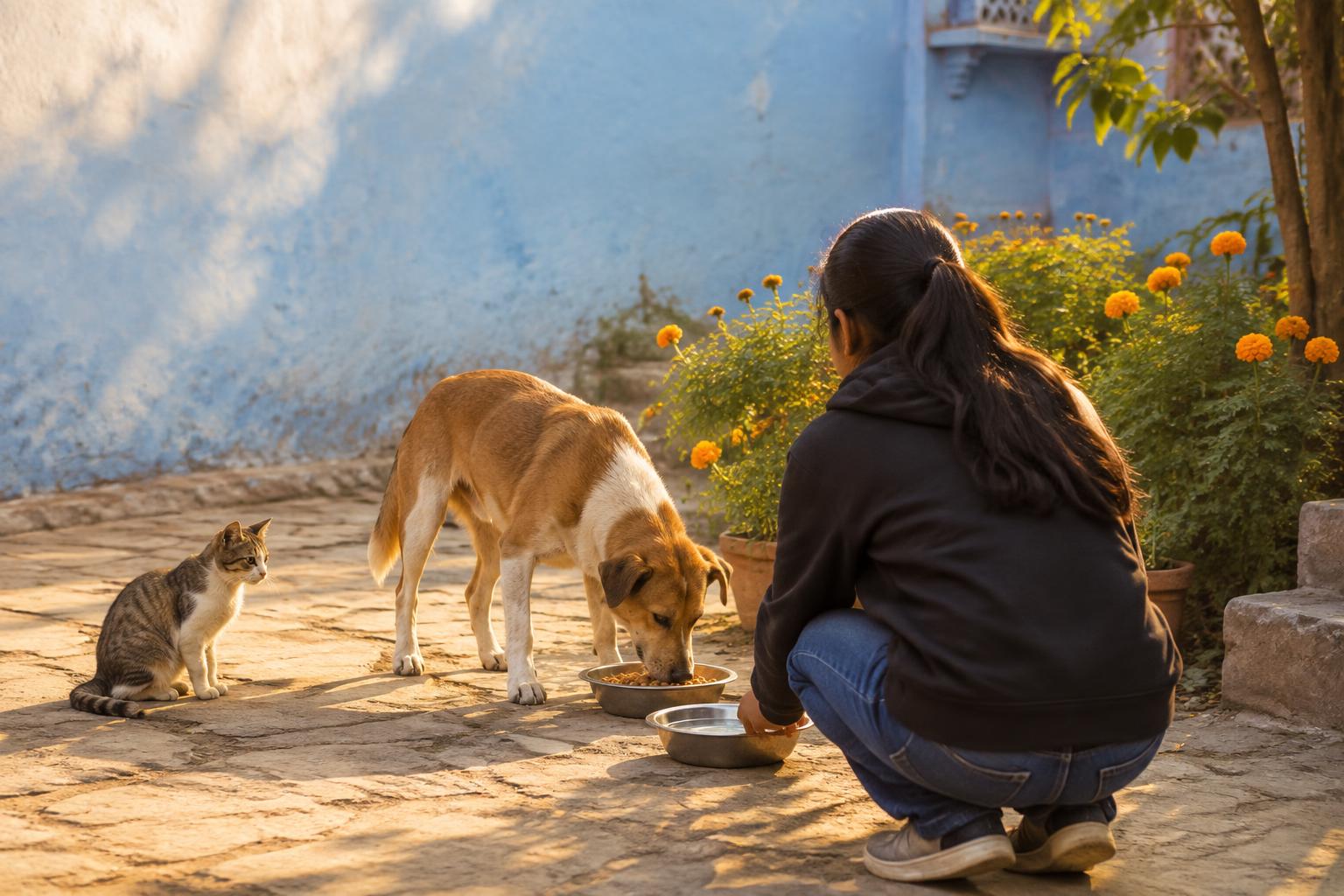 A community volunteer caring for a stray dog and cat